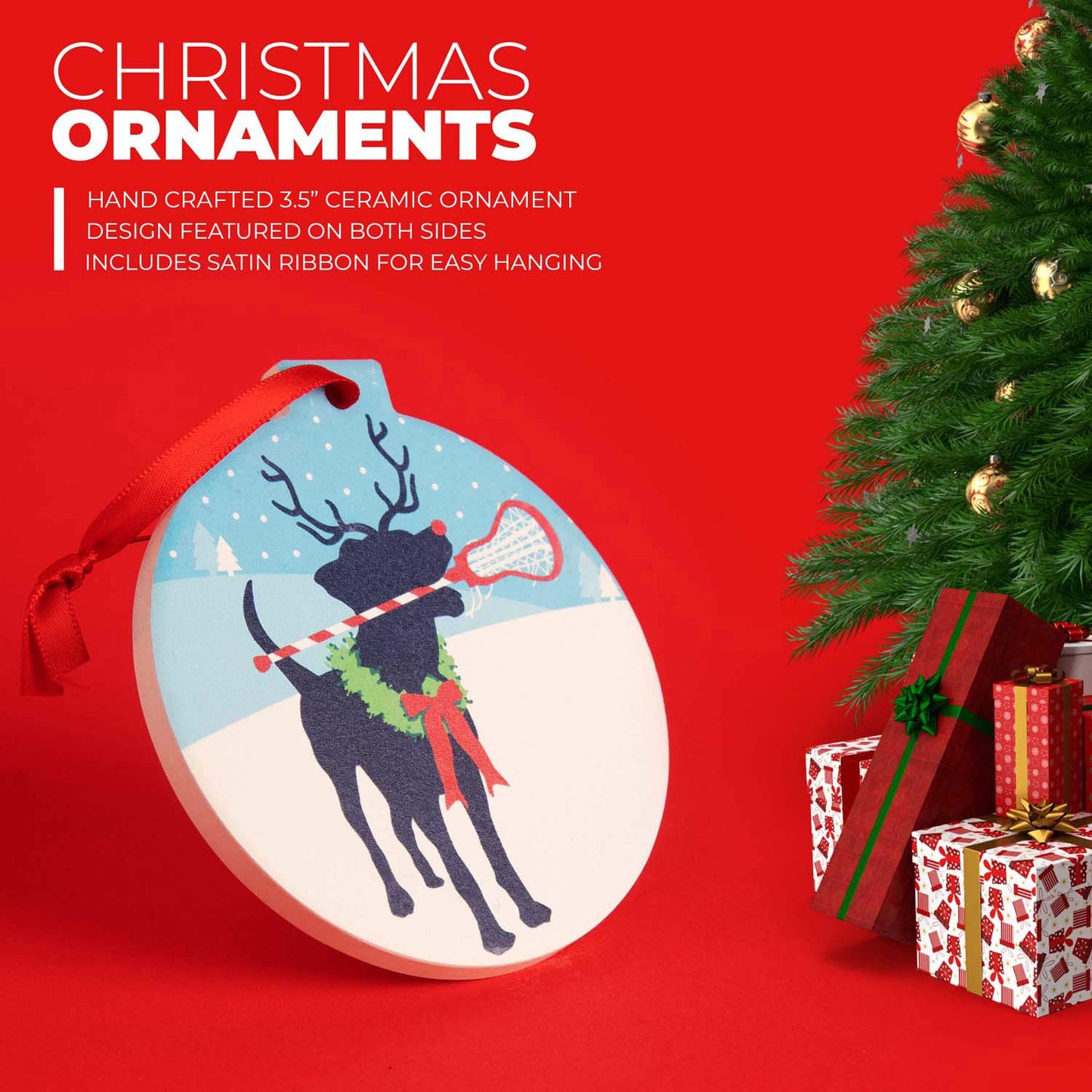 ChalkTalkSPORTS Girls Lacrosse Round Ceramic Ornament | Jingles The Lax Reindeer Dog