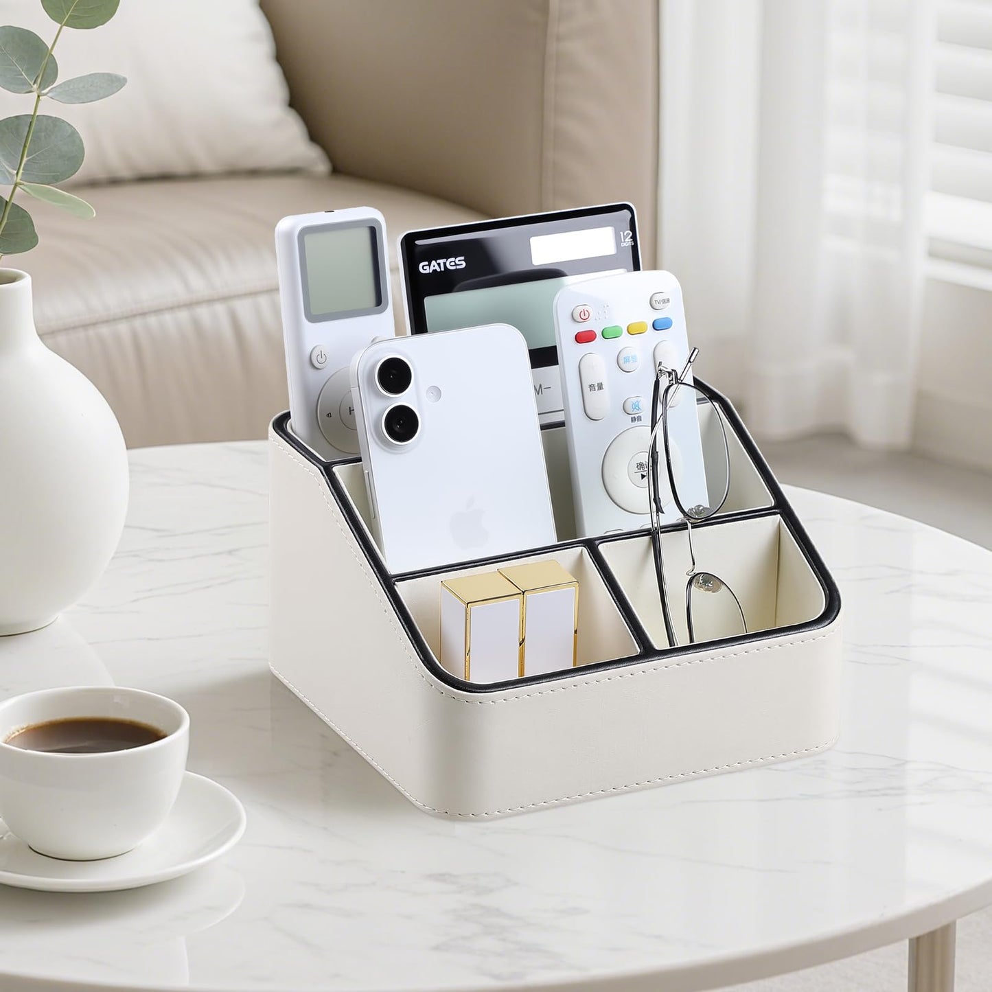 MEIBOOCH Remote Control Holder, PU Leather Small Desk Organizer with 4 Compartments, Nightstand Organizer Office Desk Accessories Desk Caddy for Countertop Bedside End Table (Cream)