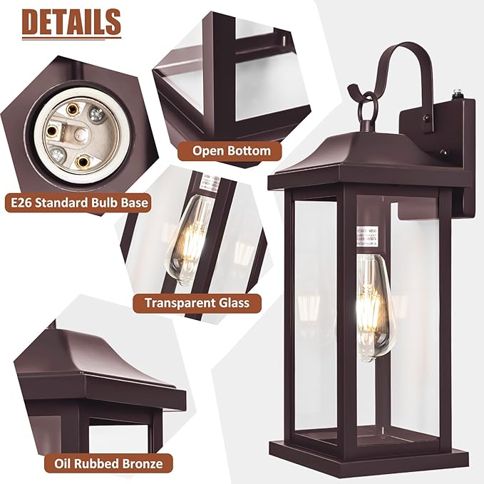 Dusk to Dawn Outdoor Lighting for House 17 Inch Large 1-Pack, Oil Rubbed Bronze Exterior Light Fixture for Front Porch Light with Clear Tempered Glass Waterproof Outside Wall Mounted Lamp