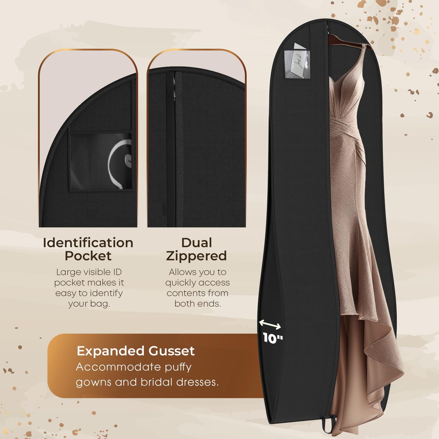 Your Bags Women’s Dress and Gown Garment Bag -72”x24” and 10” Tapered Gusset Prom Bags (Black/White Dress Print)