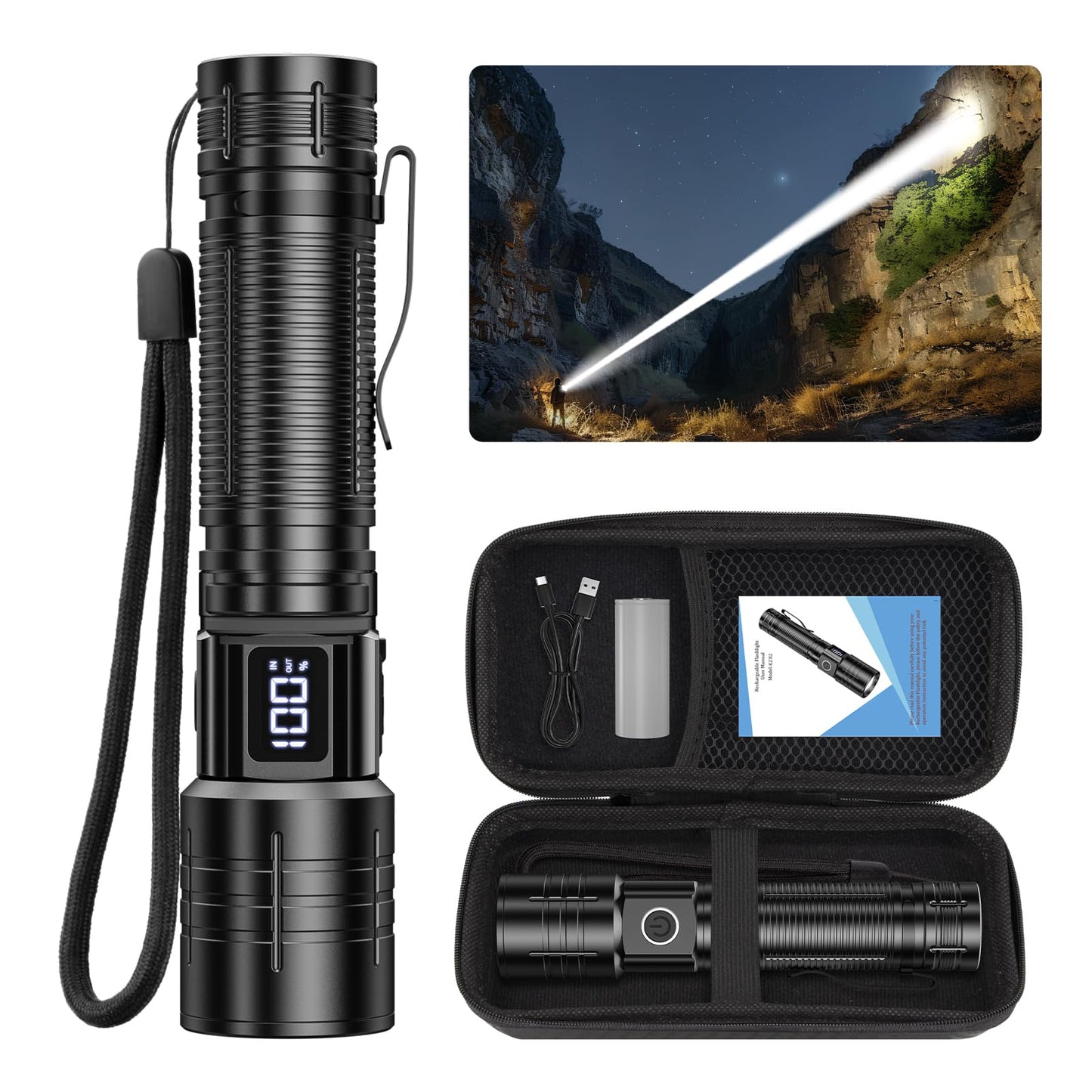 AdamStar Flashlights High Lumens Rechargeable Super Bright LED Flashlight with Dimmable, Zoomable Beam Tactical Flash Lights Small Powerful