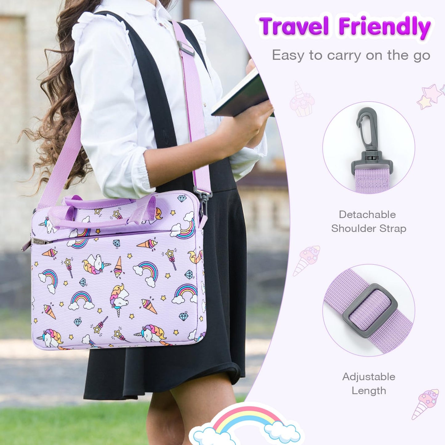 MoKo 10-12.5 Inch Kids Tablet Sleeve Carrying Case for Fire HD 10 13th/11th Gen, Fire HD 8/7 Kids 2022, Tablet Bag with Shoulder Strap for 10/10.1 Inch Android 12/13, Rainbow & Unicorn (Lilac)