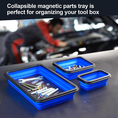 stochastic box Collapsible Magnetic Parts Tray Set Foldable Magnetic Tray 3 Different Size Silicone Tool Trays for Screw, Bolts,Nuts,with Magnetic Base Stores and Organizes Small Parts and Tools