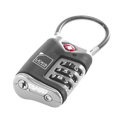 Lewis N. Clark TSA Approved Luggage Lock + Steel Cable for Suitcase, Carry On, BackPack, Laptop Bag + Purse, Perfect For Airport, Hotel or Gym - Set + Reset Your Own Combo, Black