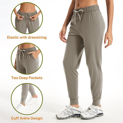 Trryln Women's Joggers Pants with Pockets Drawstring Running Sweatpants Workout Casual Tapered Pants Taupe