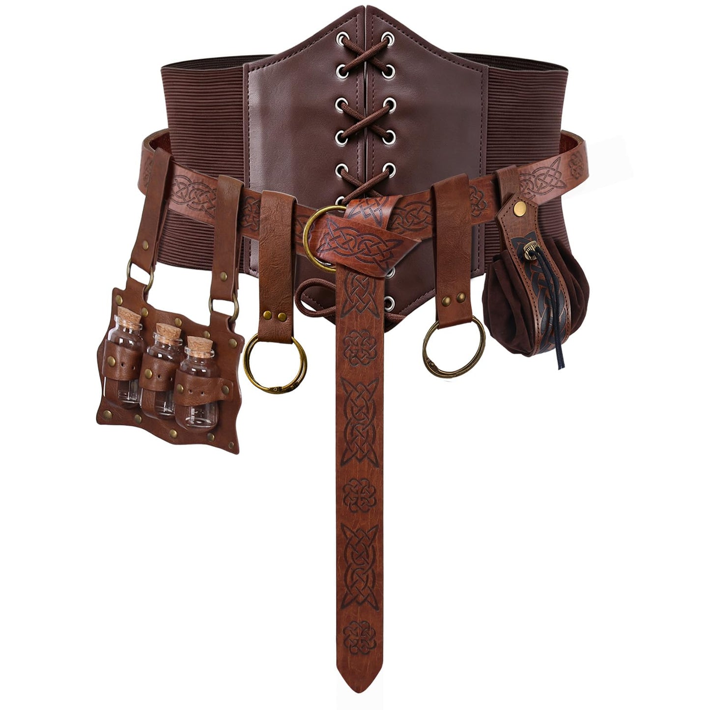 Renaissance Belt Pouch Corset Waistband Magic Potion Bottle Skirt Hike Steampunk Costume Accessory(Brown-B, X-Large)