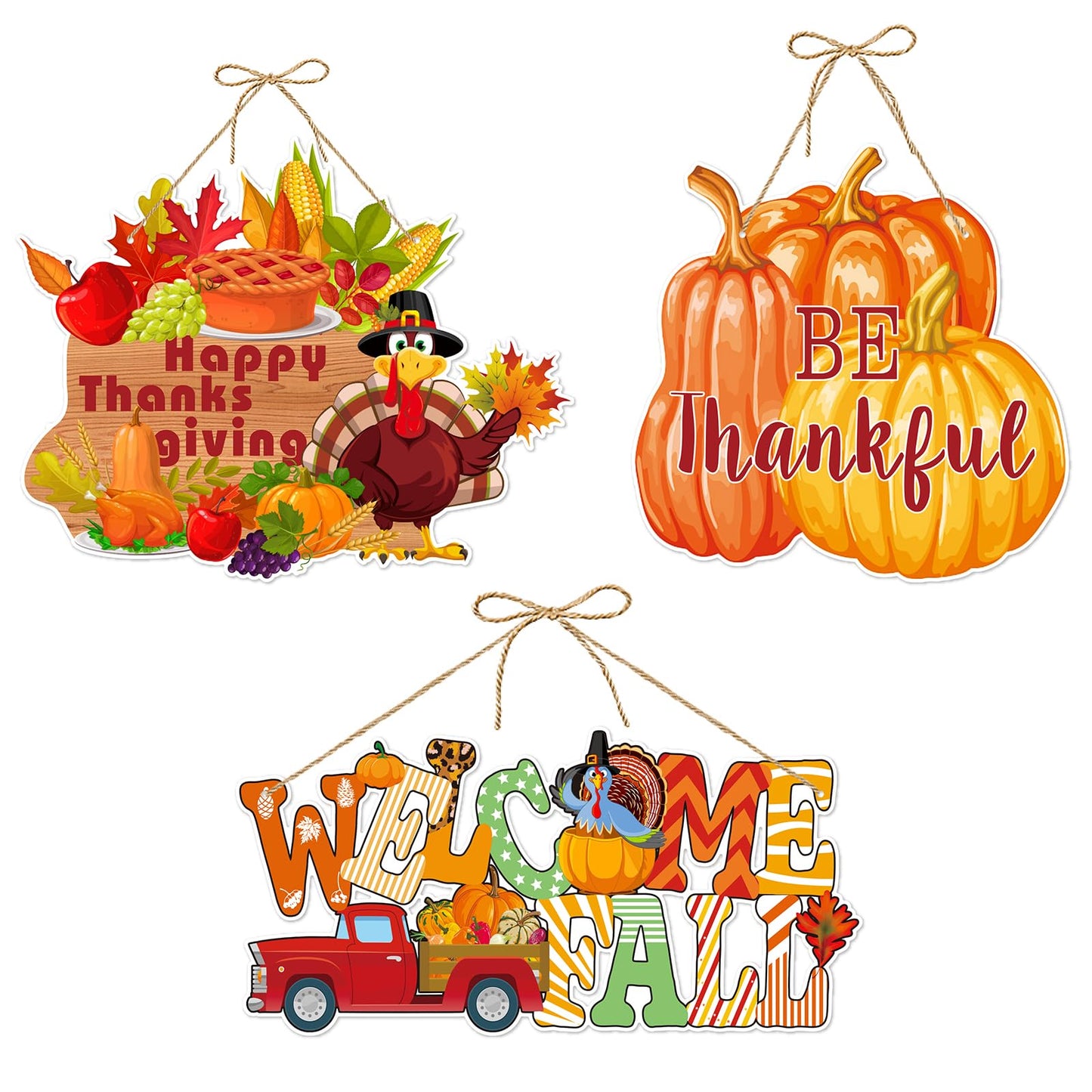 Fall Thanksgiving Home Front Door Hanger Decor - 3pcs Autumn Pumpkin Turkey Leaves Orange Paper Signs Banners, Baby Shower Birthday Wall Hanging Indoor Decorations Lasting Surprise