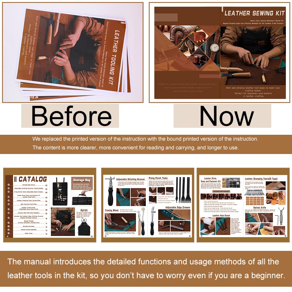 Tikjiua 456Pcs Leather Working Tools with Apron and Tooling Bag, Leather Craft Kit with Tools for Stamping, Carving, Sewing, Beveling, Cutting, Crafting