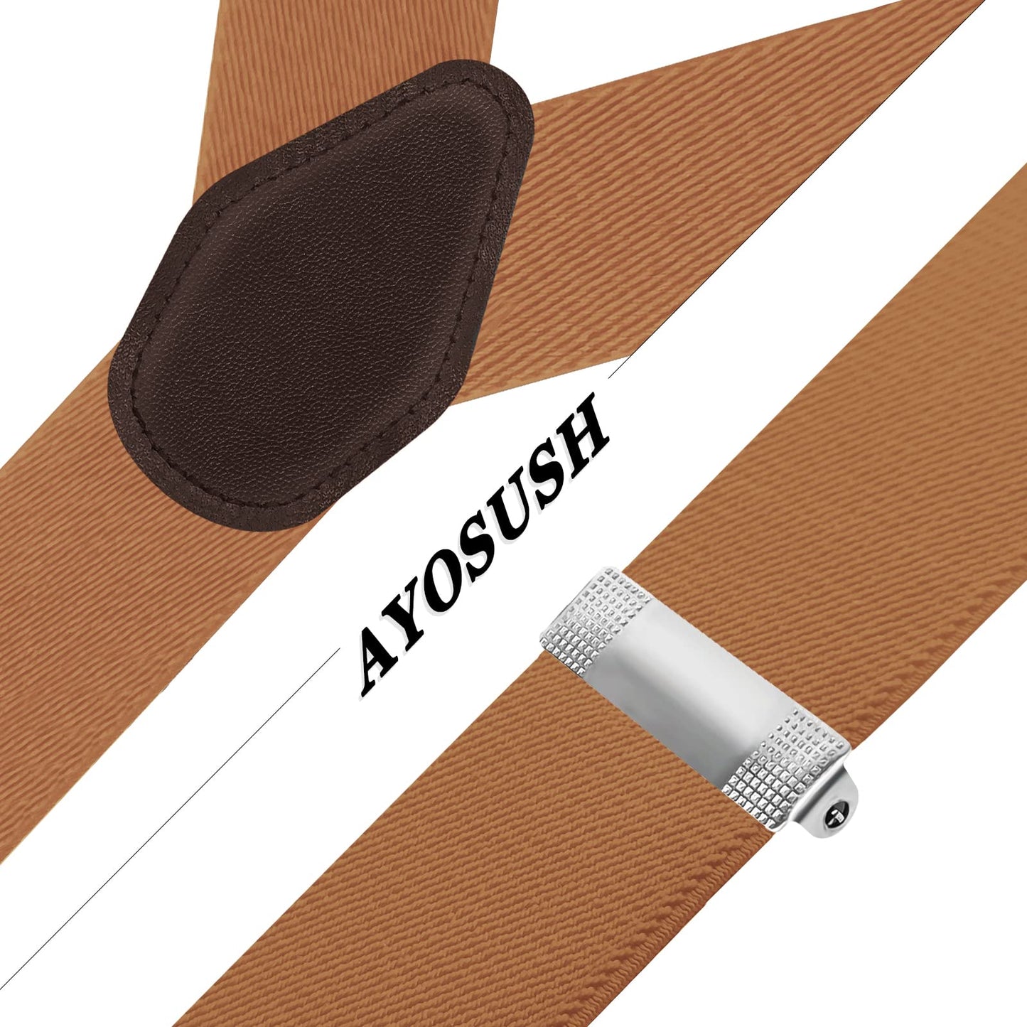 AYOSUSH Button End Suspenders for Men Leather Brown Soild Color Classic Business