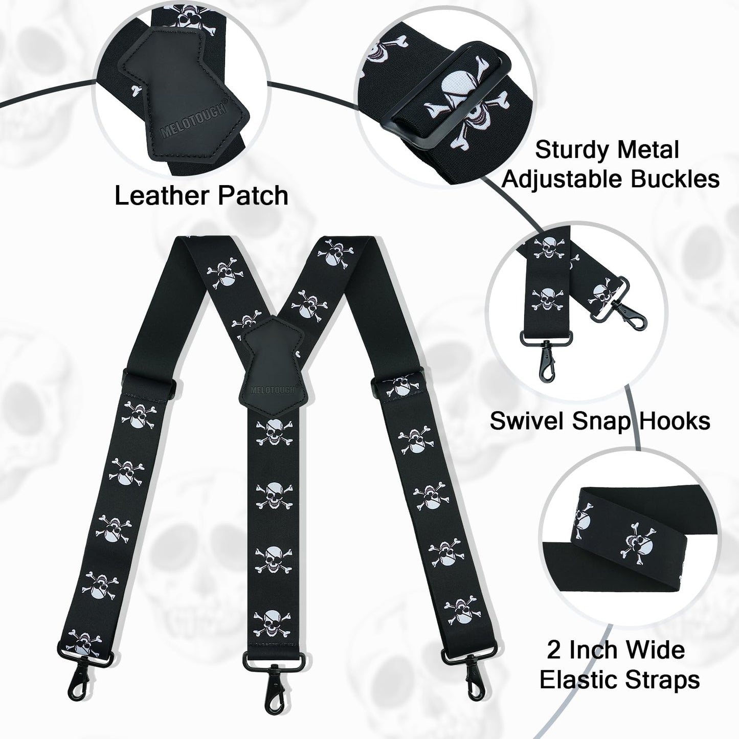 MELOTOUGH Suspender for Men 2 Inch Wide Y Back Adjustable Elastic Skull Suspenders with Swivel Hooks for Jeans