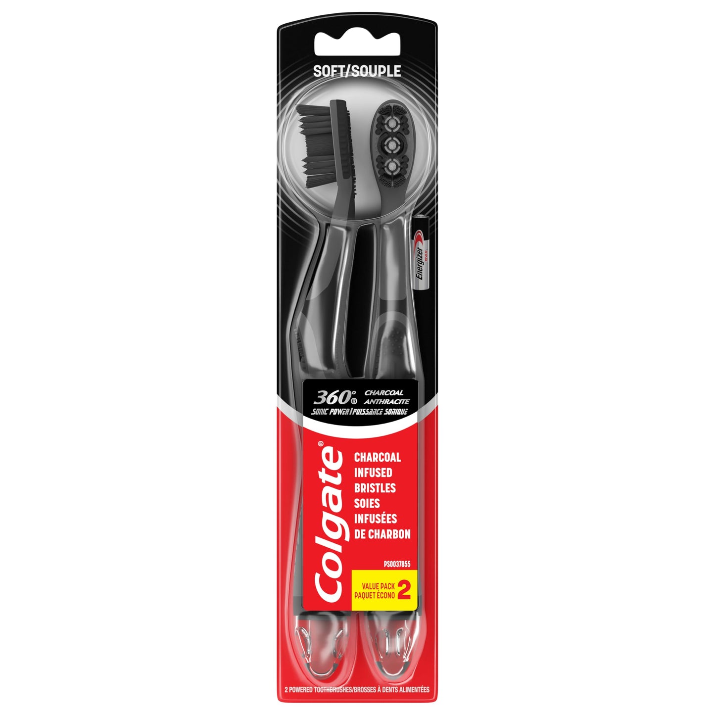 Colgate 360 Vibrate Charcoal Battery Operated Toothbrush Pack, Soft with 1 AAA Battery Included, Black, 2 Count