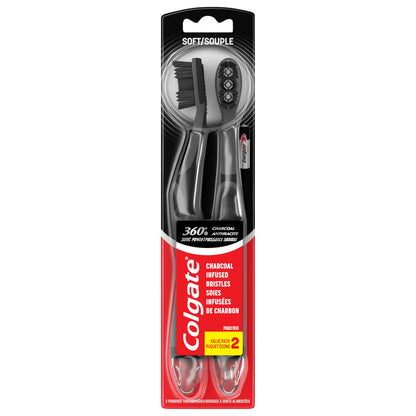 Colgate 360 Vibrate Charcoal Battery Operated Toothbrush Pack, Soft with 1 AAA Battery Included, Black, 2 Count