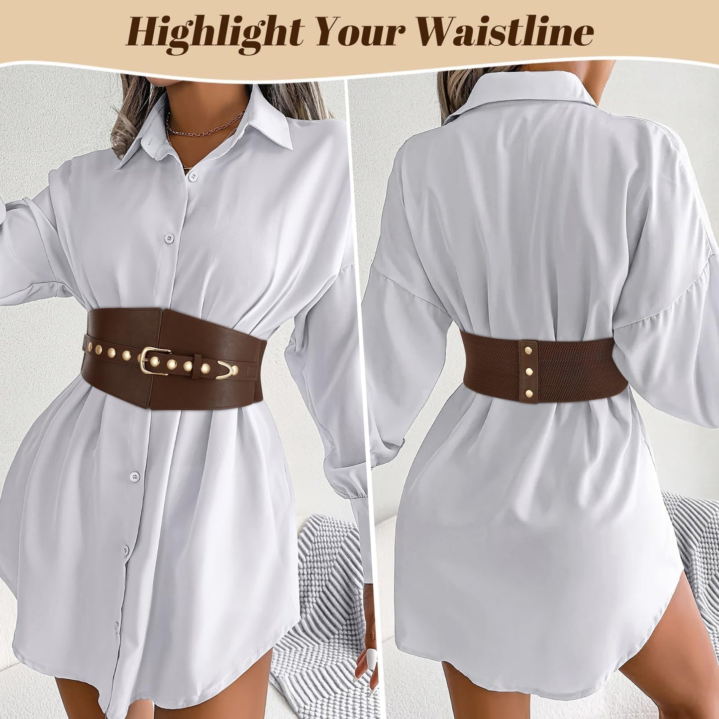 JKEEMI Wide Waist Belt Women Elastic Chunky Stretchy Elegance Belt with Gold Rivets Buckle for Daily Costume