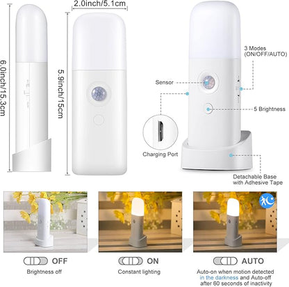 Motion Sensor Night Lights Indoor, Rechargeable Night Light Battery Powered, Portable Nightlight with Adjustable Brightness Activated Table Lamp for Kids, Adults, Bedroom, Bathroom(1Pack)