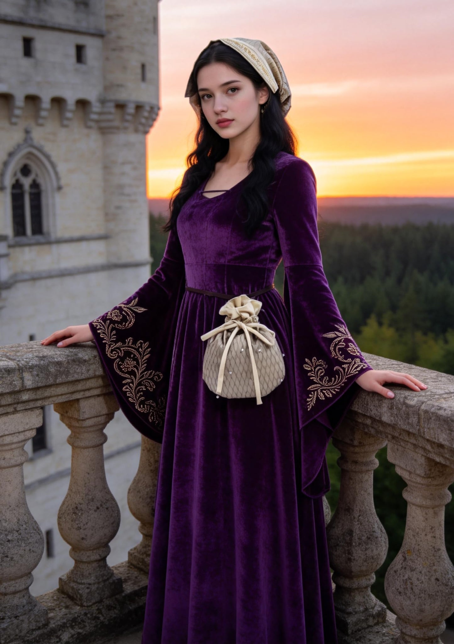Medieval Velvet Pouch with Beads Drawstring Belt Purse Renaissance Waist Coin Bag for Ren Faire (Ivory)