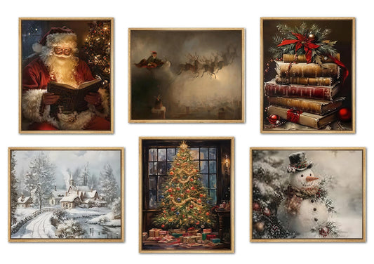 Vintage Christmas Santa Poster Set of 6, Santa Claus Pictures Wall Art Christmas Tree Wall Decor Painting Rustic Holiday Canvas Print Artwork for Living Room Farmhouse 12x16 inch Unframed