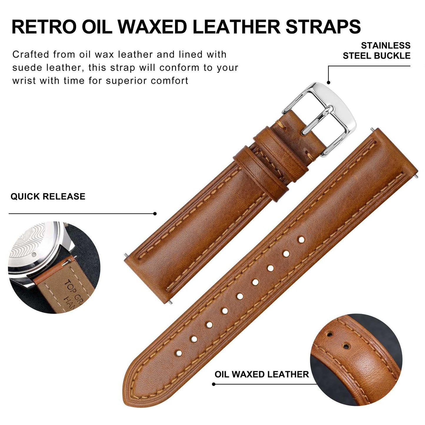 BISONSTRAP Retro Leather Watch Straps for Men, Oil Waxed Calfskin Replacement Band, Quick Release, 19mm, Toffee Brown (Silver Buckle)
