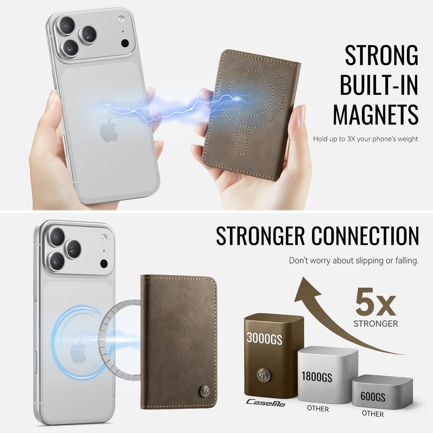 XIMAND Magnetic Wallet Card Holder with RFID Protection, PU Leather Slim Wallet, Strong Magnet Attachment for iPhone 18/17/16/15/14/13/12 Series Pro Max Plus Mini-Brown