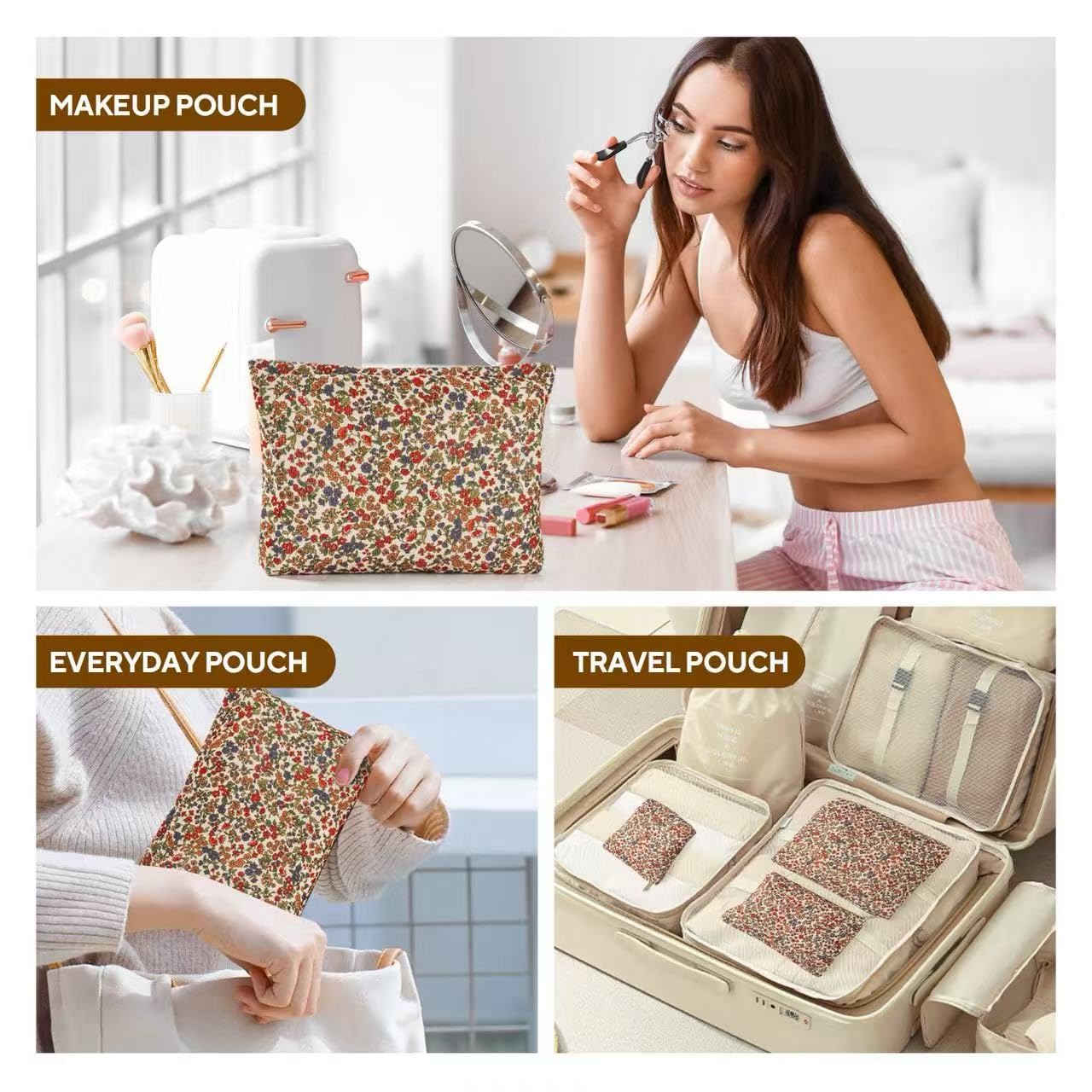 3Pcs Floral Makeup Bags, Cosmetic Bags for Women, Large Capacity Corduroy Makeup bag Set and Portable Mini Makeup Bag,Aesthetic Women Handbags Purses, Travel Essentials Aesthetic Stuff (Floral 01)