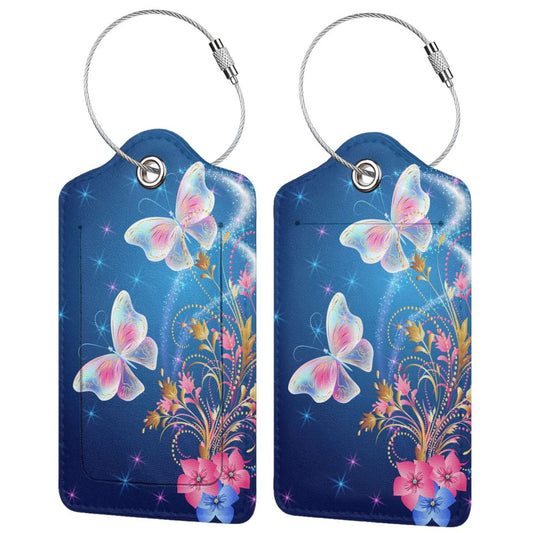 2 Pcs Beautiful Blue Luggage Tags with Two Butterflies for Women Girls Travel, Flower PU Leather Bag Tags for Suitcases with Stainless Steel Loop & Privacy Name ID Card, Labels Identifiers