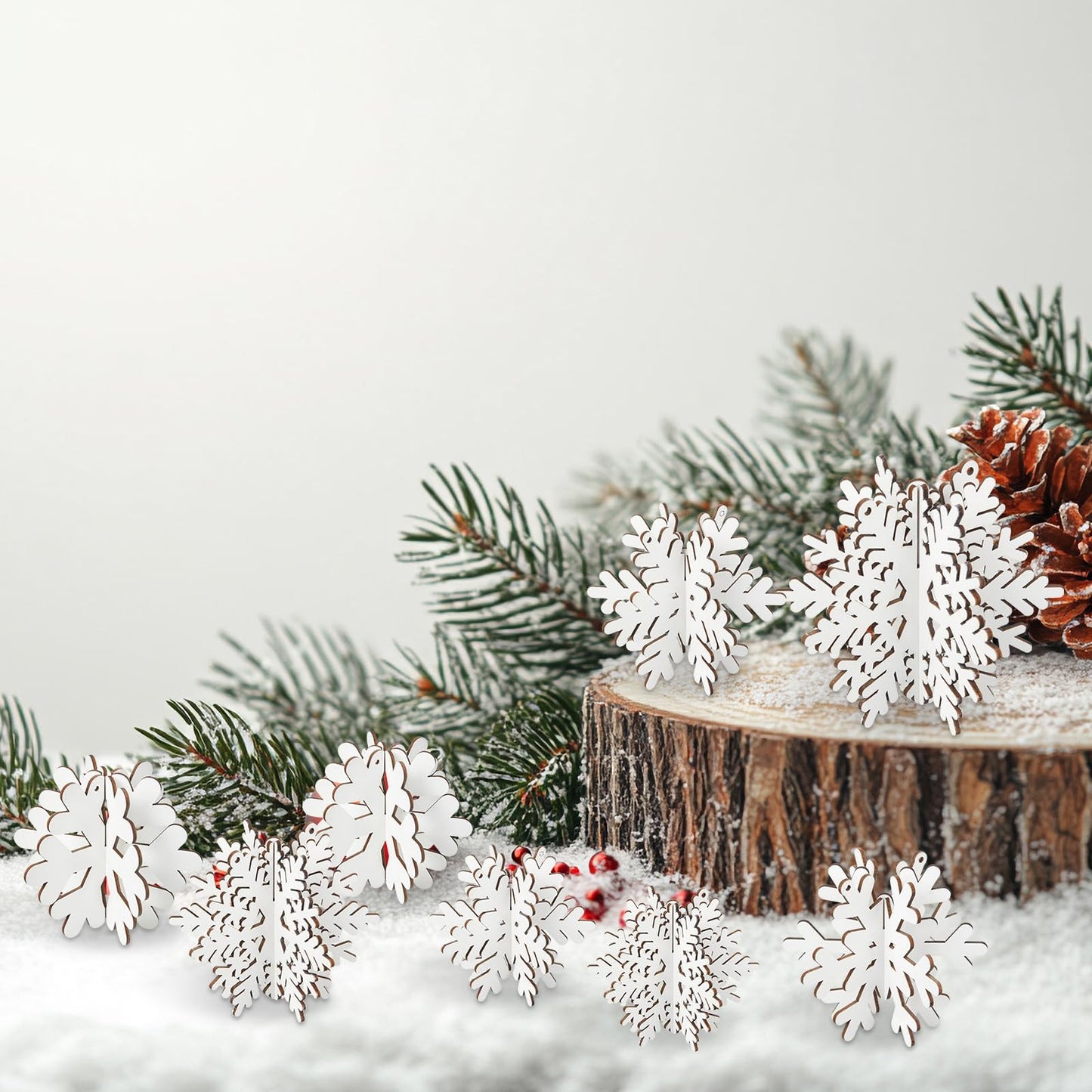 Chunful 36 Pcs Winter Wooden Snowflake Table Decorations 3D Hanging Snowflake Tabletop and Centerpiece with 12 Pcs Ropes for Christmas Home Wonderland Decoration Holiday Party Supplies