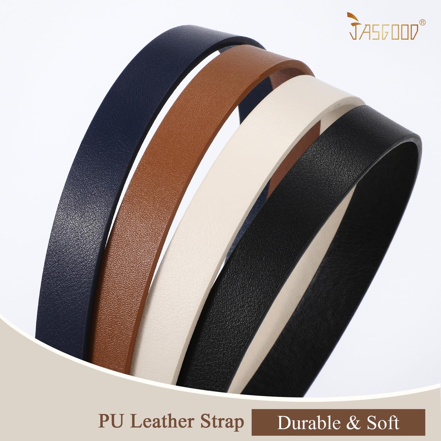 JASGOOD 4 Pack Women Skinny Leather Belt for Dresses with Gold Buckle Ladies Thin Waist Belt for Jeans Pants，Black+Blue+Brown+Beige