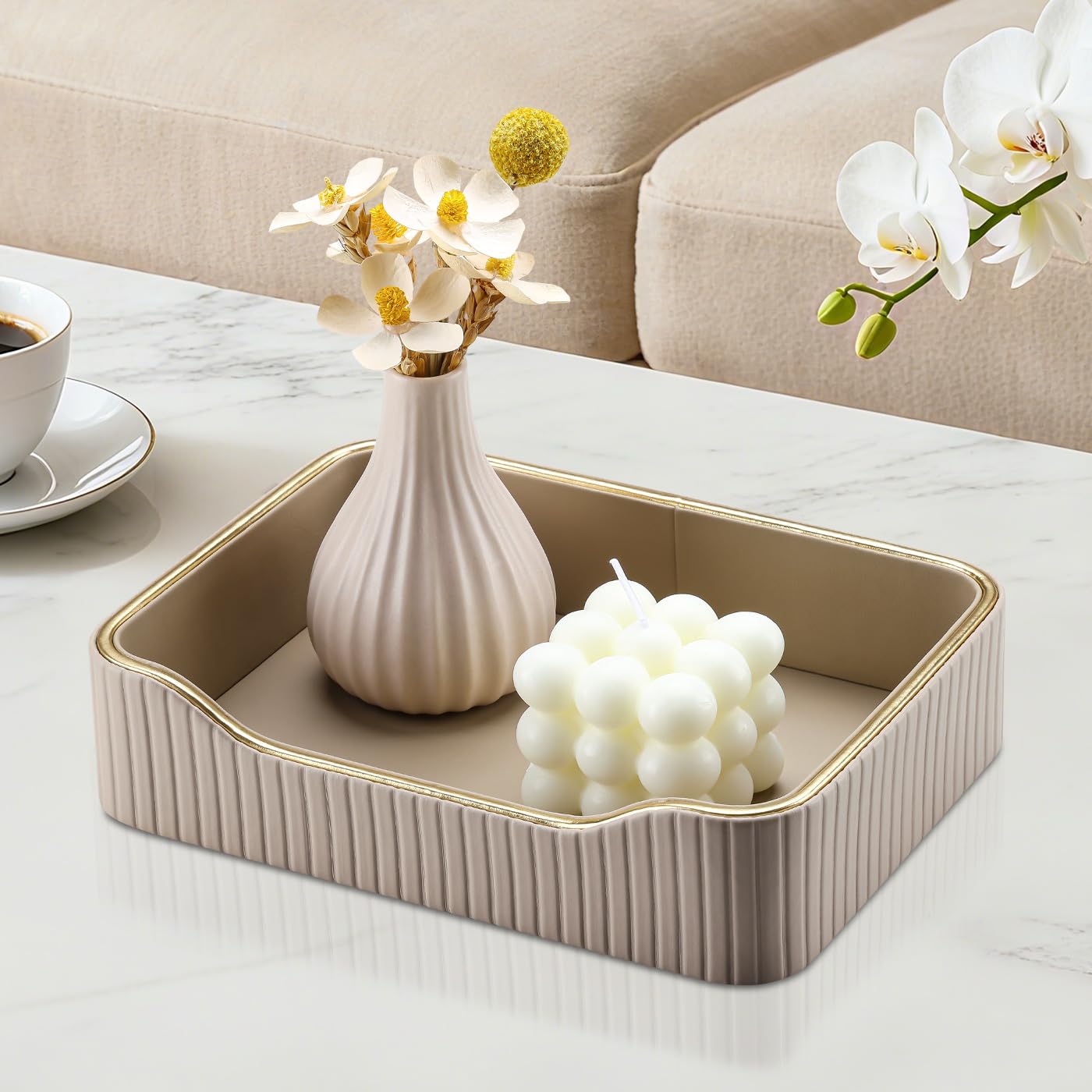 KINGFOM Prefume Tray, PU Leather Valet Tray Nightstand Organizer Trays for Men Women, Table Centerpieces Decorative Vanity Trays, Desk Organizer Tray for Key Jewelry Cosmetics (Beige)