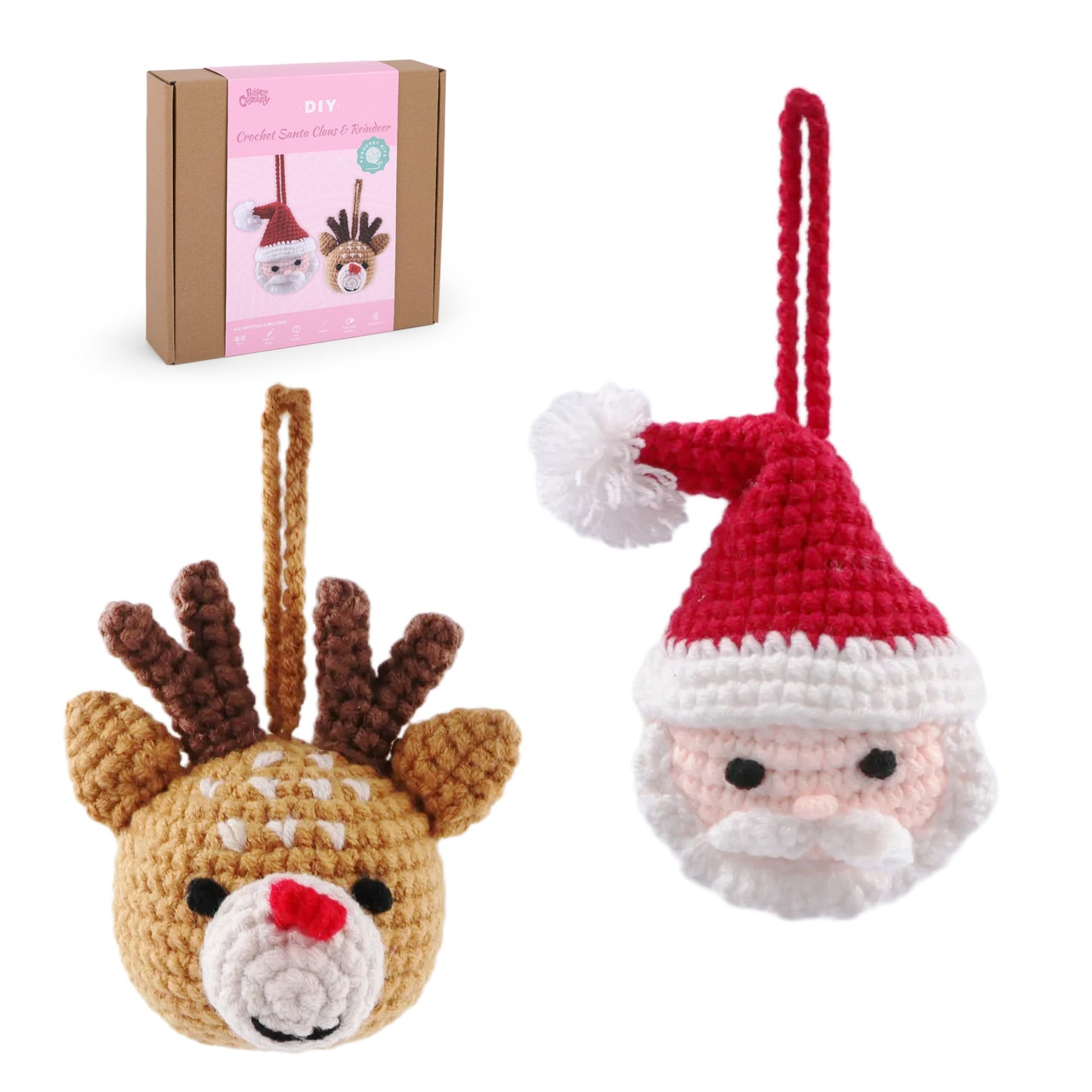 HOUSE CREATIVITY Christmas Crochet Kit for Beginners – Make Santa Claus & Reindeer Ornaments, Amigurumi Crochet Starter Kit with Video Tutorial, Yarn & Hook, DIY Holiday Tree Decor Gift