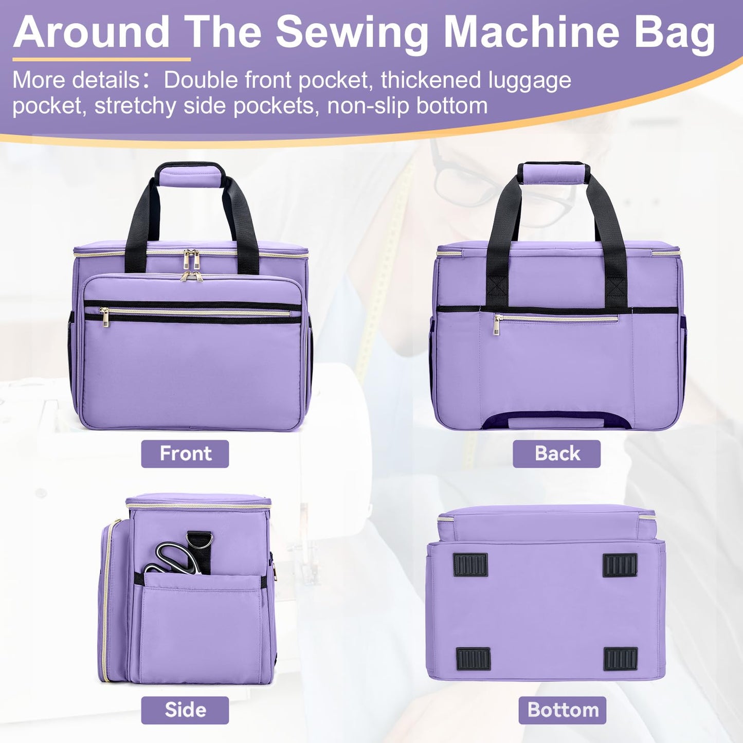 Anitor Sewing Machine Carrying Case with Removable Bottom Padding, Sewing Machine Bag Fits Most Standard Sewing Machines and Storage Sewing Accessories, for Singer, Brother, Janome, Purple，(Bag Only)