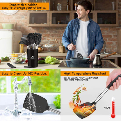 MIBOTE Silicone Kitchen Utensils Set, Cooking Utensils Set with Heat Resistant BPA-Free Silicone and Stainless Steel Handle Kitchen Tools Set (Black)