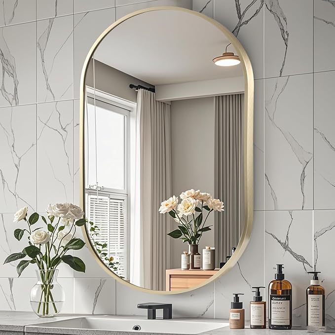 22x30 inch Oval Bathroom Mirror, Gold Vanity Wall Mirror with Brushed Metal Frame, Wall Mirrors for Bathroom, Entryway, Over Sink, Living Room