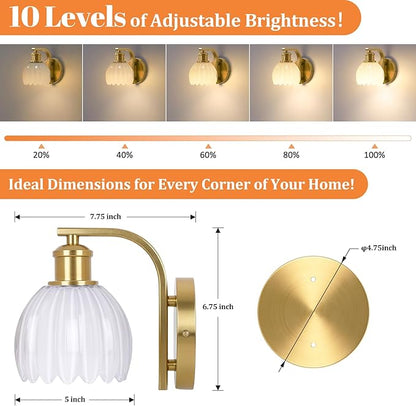 Rechargeable Battery Operated Wall Sconce Set of Two with Milky White Glass Lampshade, Wireless Wall Scone Decor with Remote Control, 15 Colors Gold Wall Light for Bedside Hallway Bedroom Doorway