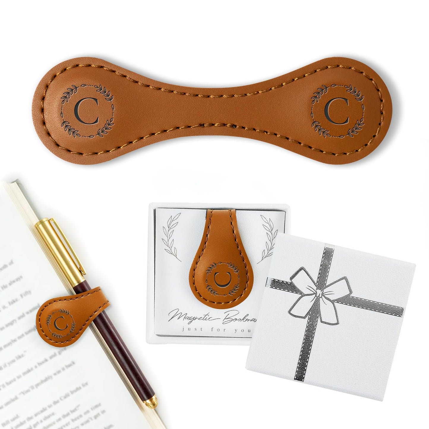 KIKIDWIS Personalized Leather Magnetic Bookmark with Pen Holder – Custom Initial Design for Readers（Brown-C）