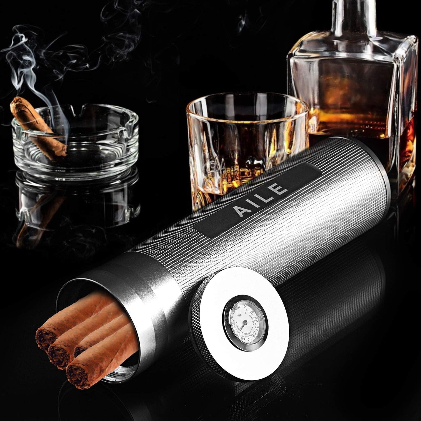 AILE Cigar Stainless Steel humidor Silver Travel Cigar case Tube for 3 to 4 Cigars, Portable Cigar case, Cigar Hygrometer, Great Gift for Men, Dad, Husband
