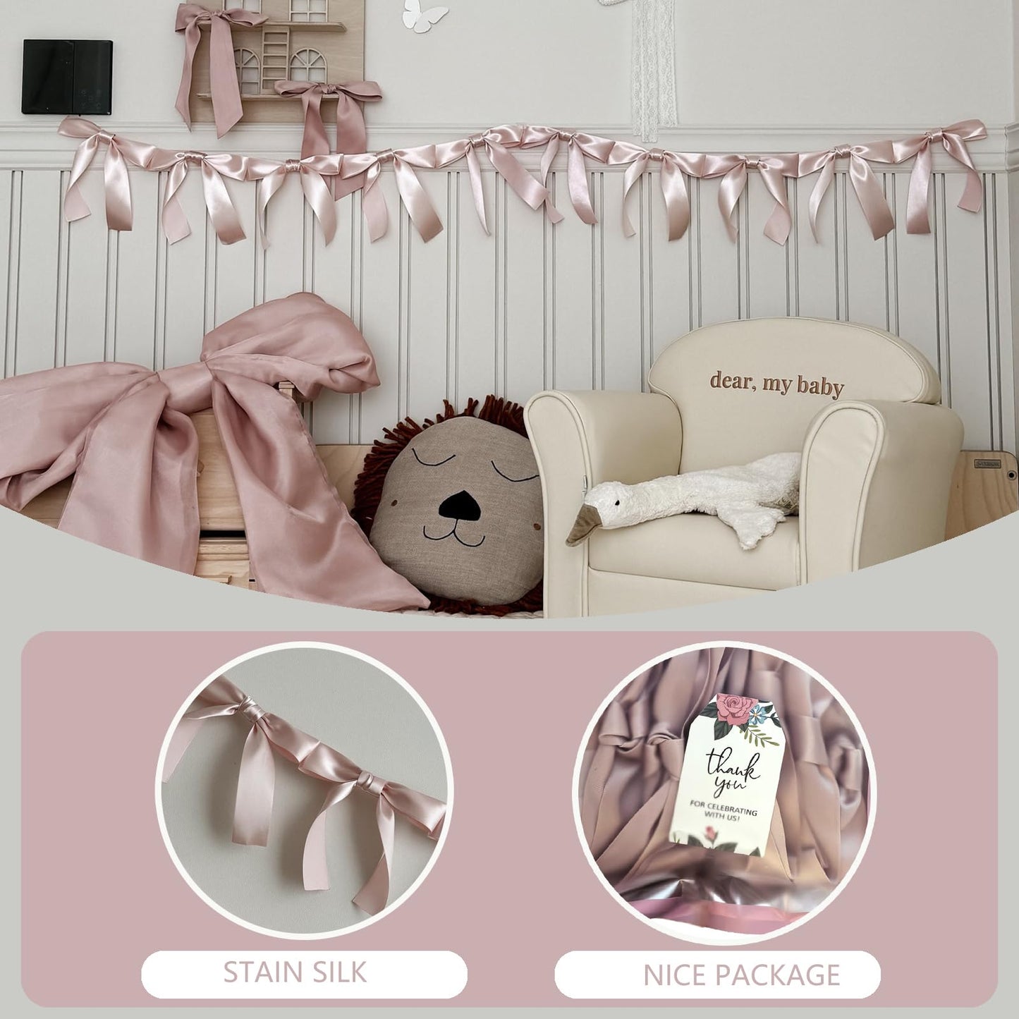Dusty Pink Bow Garland, Pre-Assembled 6 ft – Single Accent Decoration for Bridal Shower, Baby Shower & Birthday Parties | Soft Matte Satin Bows (Dusk Rose)