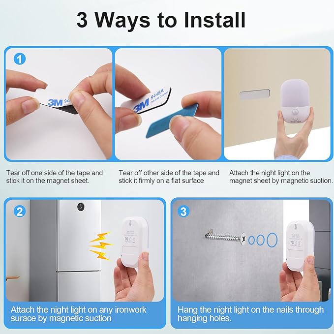 Night Light with Auto Motion Sensor, Rechargeable Battery, Type-C LED Stick-On Closet Light with Twilight Sensor, Adjustable Brightness, Warm White for Wall, Hallway, Stairs, Cabinet (2 Pack)