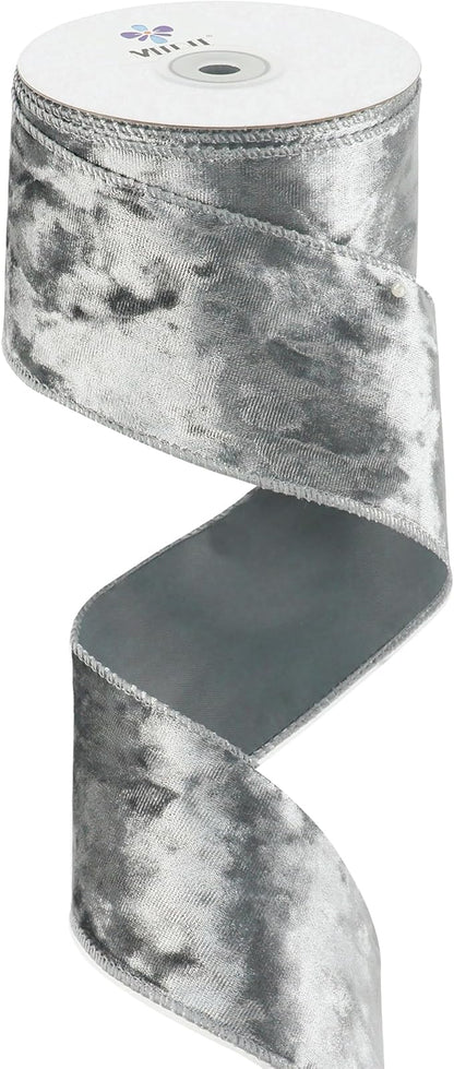 MEEDEE Silver Velvet Ribbon - 2.5 Inch Wired Velvet Crushed Silver Christmas Ribbon, 10 Yards for Tree Decoration, Wreath Supplies, Crafts Bow Making