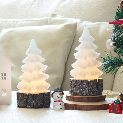 Homemory Christmas Tree Candles with Stump, 2 Pcs Waxy LED Flameless Candles Flickering, White Electric Lights Battery Operated for New Year Celebration Holiday Decorations 6.3 Inches
