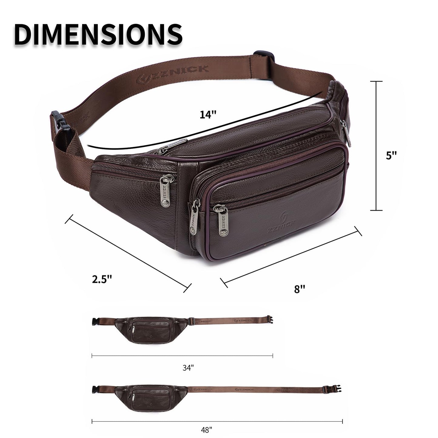 ZZNICK Genuine Leather Fanny Pack/Waist Bag/Organizer with Adjustable Belt, Multiple Pockets For Men and Women