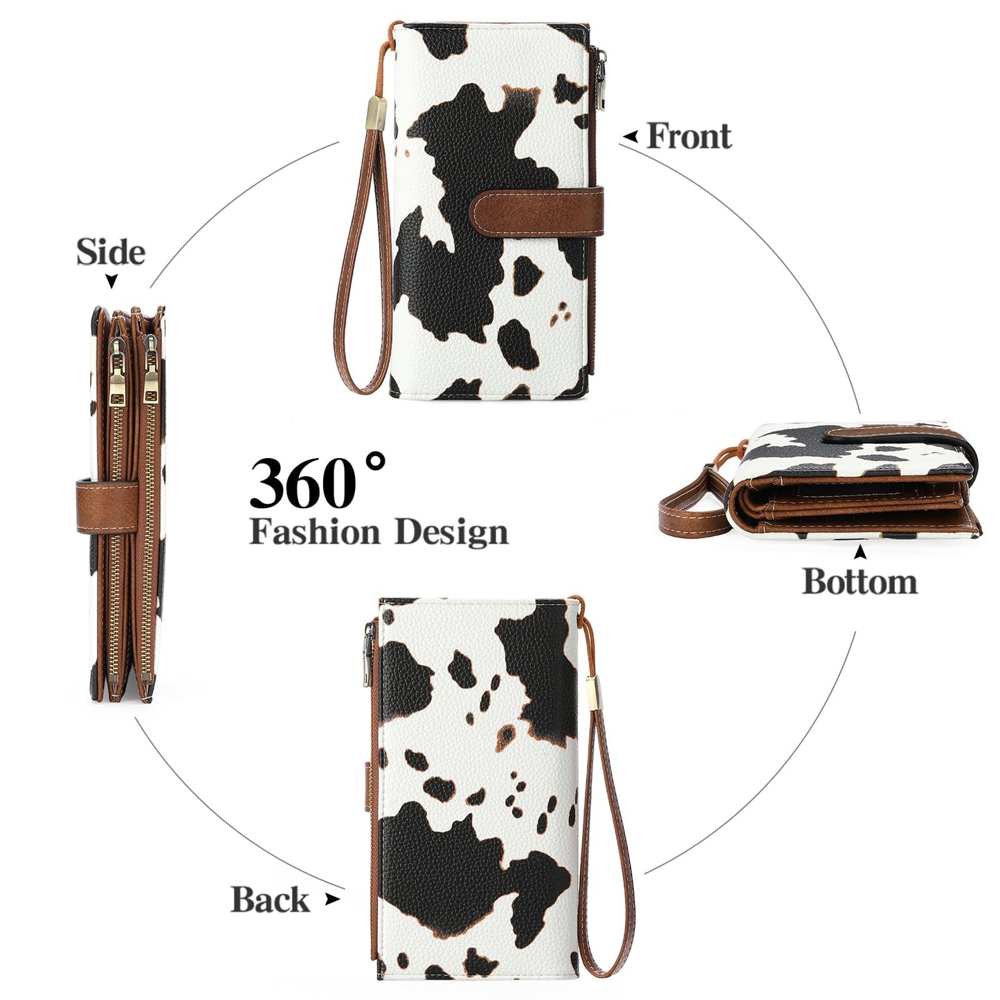 GOIACII Wallet for Women Large Wristlet Purse Trifold Clutch Cow Print