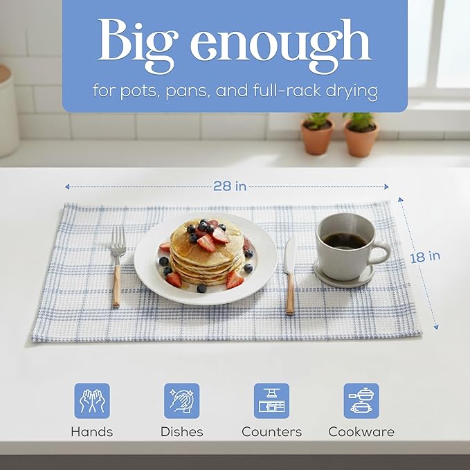 MosJos Kitchen Towels Set of 4 Dish Towels Blue n White Waffle Weave Cotton
