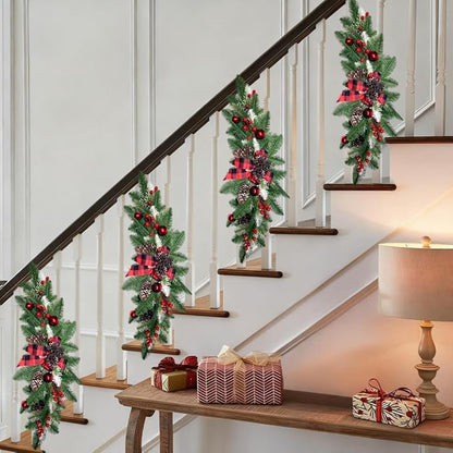27.6" Christmas Swag with Lights Artificial Decorative Swag with Cute Bow Red Xmas Balls PineCones Red Berries Cedar Pine Swag Wreath Decoration for Front Door Table Window Stair Mantle Holiday Decor