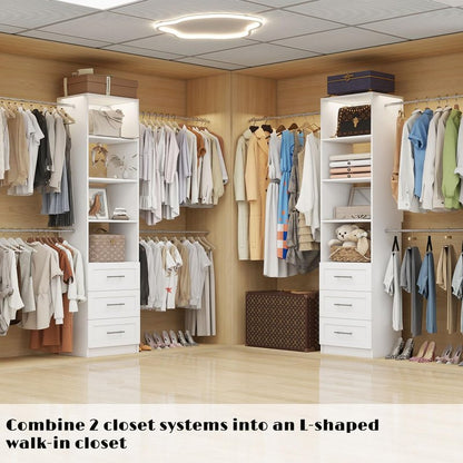 Closet System with Drawers, 5FT-9FT Custom Closet Organizer System 114.9" Walk in Wood Closet Storage System with 4 Expandable Hanging Rods Wall Mount White