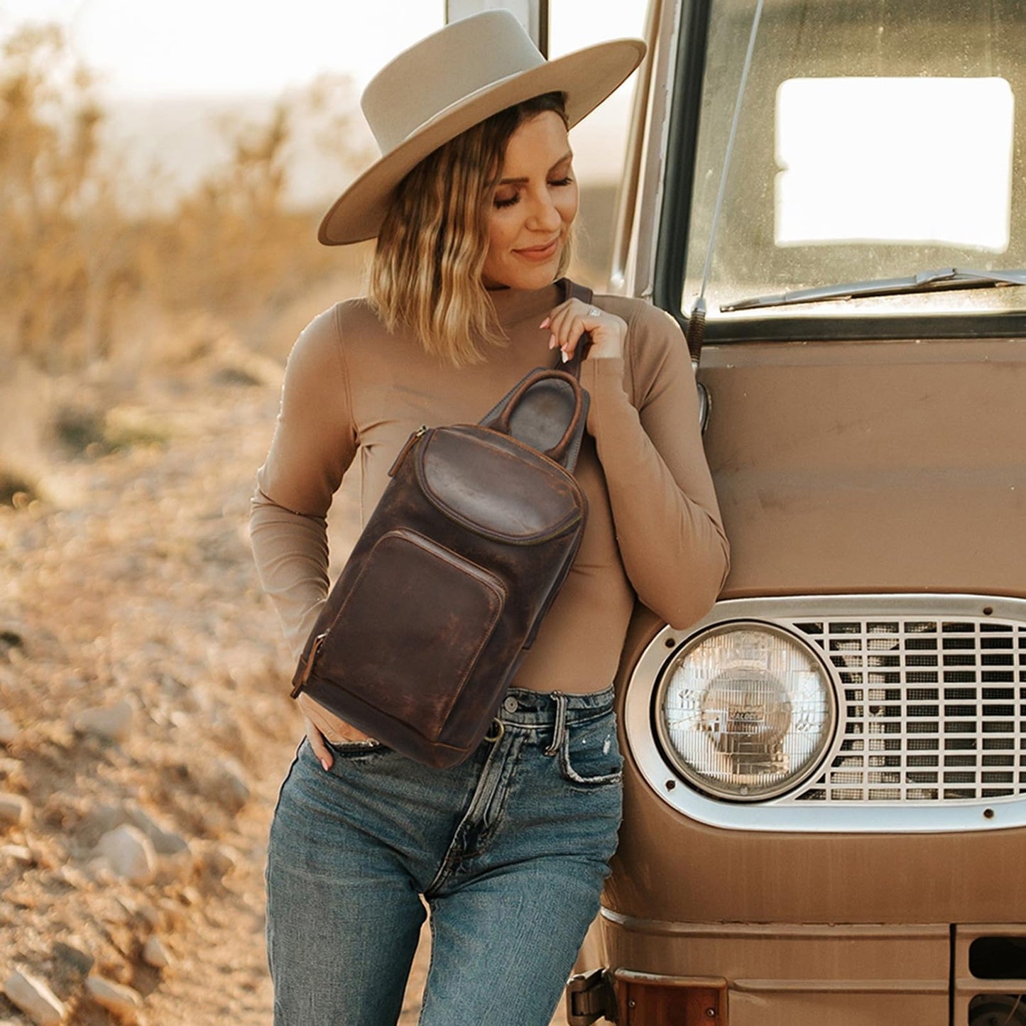S-ZONE Sling Bag for Women Men Genuine Leather Vintage Crossbody Chest Bags Backpack Daypack Outdoor Travel