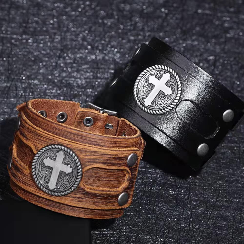 NIGHTCRUZ Wide Leather Bracelet with Cross, Medieval Leather Cuff Wristband for Mens