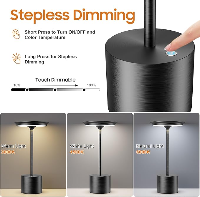 Cordless Table Lamp, Portable Rechargeable 6000mAh Outdoor Table Lamp, 3 Color Stepless Dimming Battery Powered Lamp, LED Table Light for Dinner/Restaurant/Outdoor (2Pack Black)