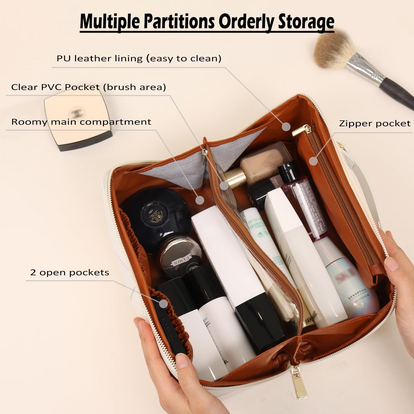 IMCUZUR Travel Makeup Bag Large Cosmetic Bag for Women, Open Flat Make up Bag Portable Skincare Bag with Handle (White)