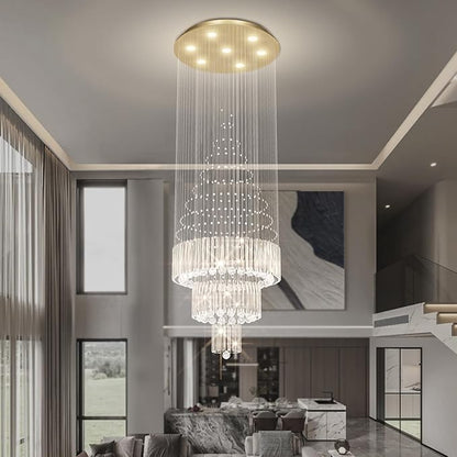 Flashing God D24''XH86'' Modern Foyer Chandelier for High Ceiling Raindrop Crystal Chandelier High Ceiling Pendant Light Fixture for Hallway Living Room (Gold Staircase Chandeliers)