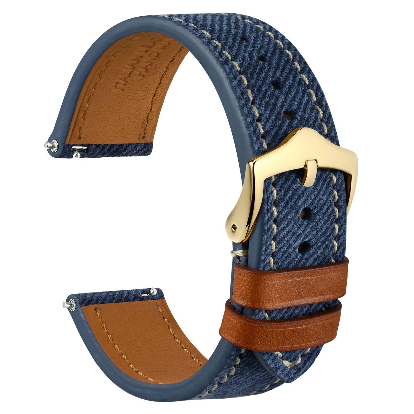 WOCCI 20mm Watch Band, Italian Leather, Denim Pattern, Golden Buckle (Denim Blue)