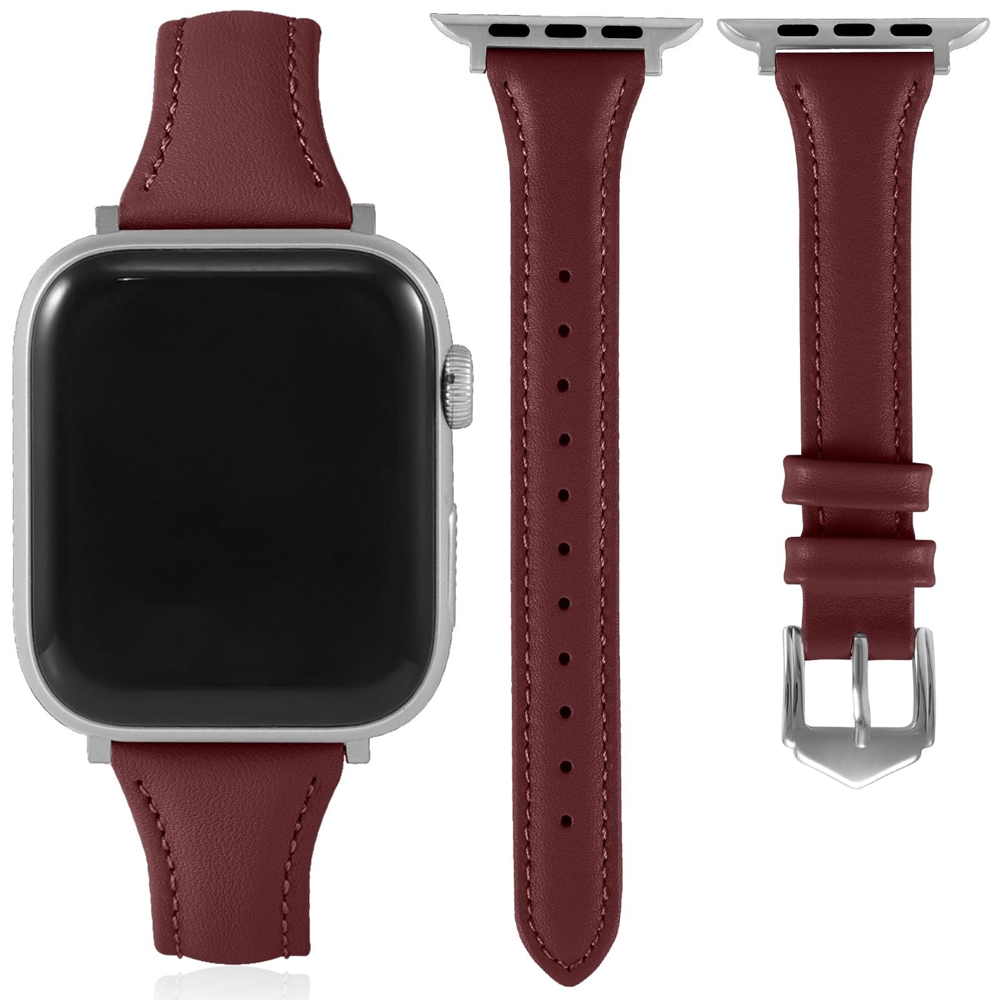 Slim Soft Genuine Leather Bands Compatible with Apple Watch Band 42mm 44mm 45mm 46mm 49mm for Women, Dressy Durable Leather Replacement Strap for iWatch Ultra1/2/3 SE1/2/3 11 10 9 8 7 6 5 4 3 2 1